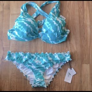 NWT Two piece bikini size 34D and M teal/white